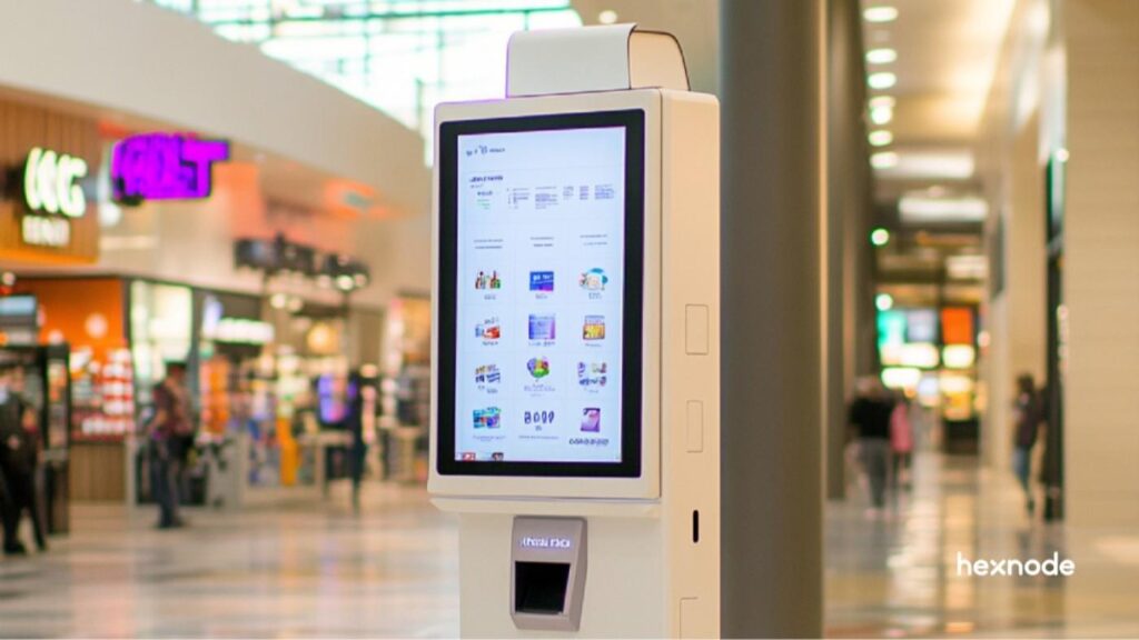 Image of a device in kiosk mode in public space.